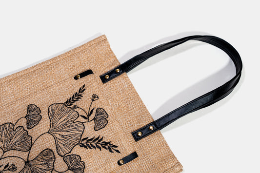 Black Ginkgo Botanical Embroidered Jute Tote Bag (J-0020)