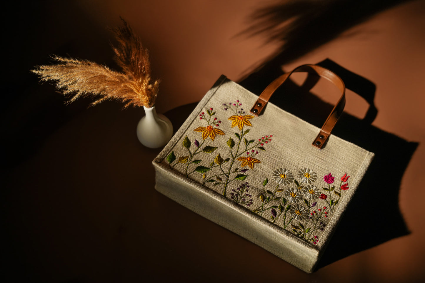 Wildflower Meadow Embroidered Jute Tote Bag - White (J-0025)
