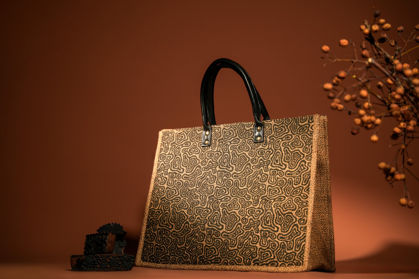 Black Abstract Labyrinth Screen Printed Jute Tote Bag (J-0068)