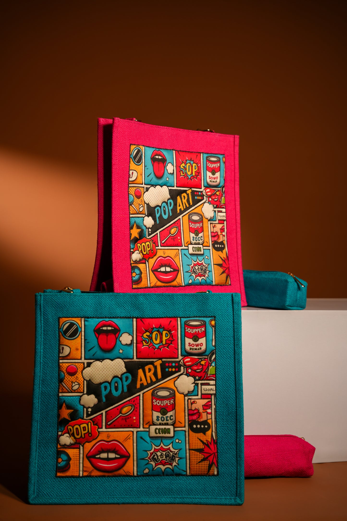 Vibrant Pink Pop Art Patch Jute Shoulder Bag (J-0027)