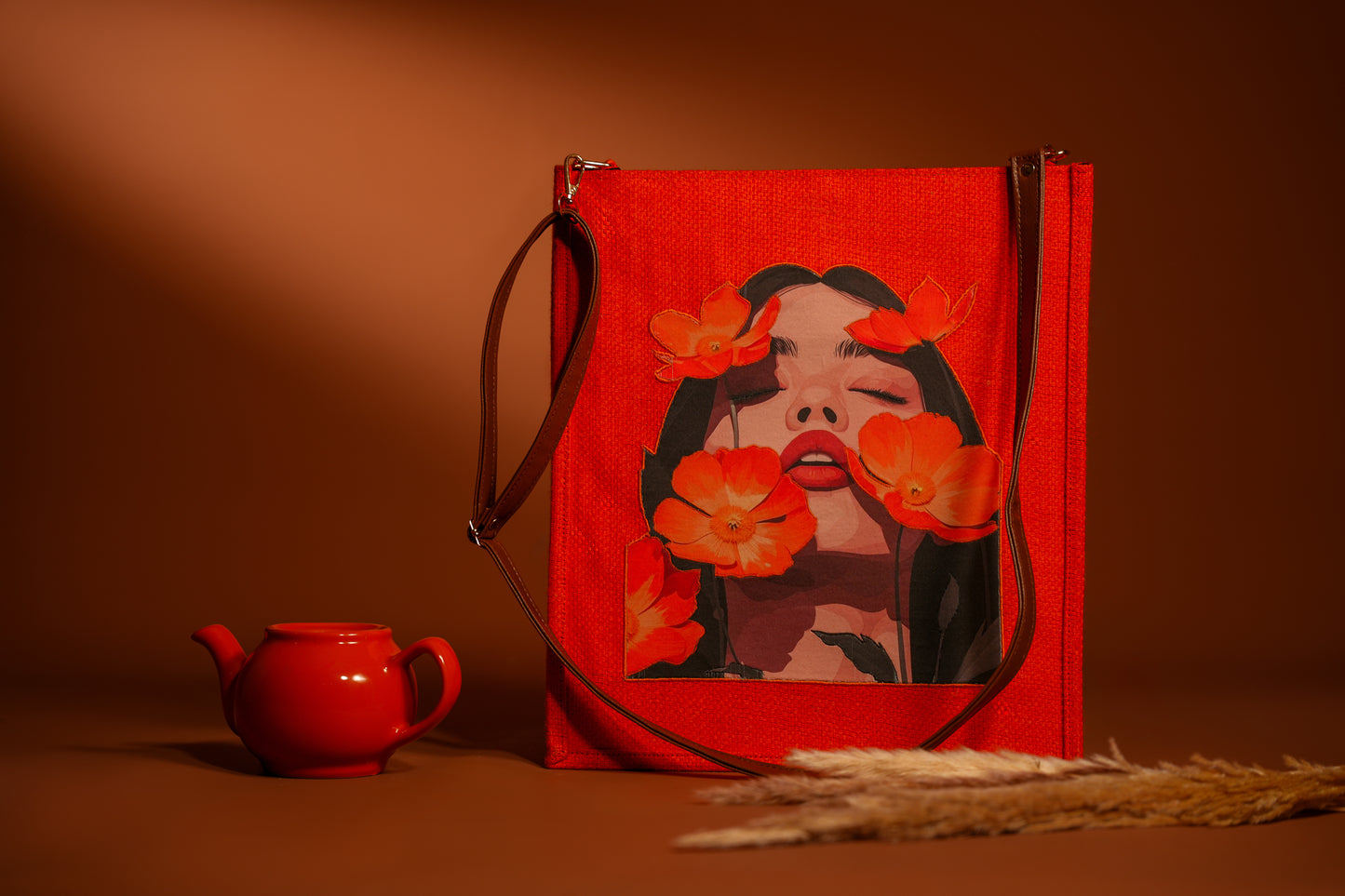 Orange Poppy Portrait Pop Art Jute Shoulder Bag (J-0036)