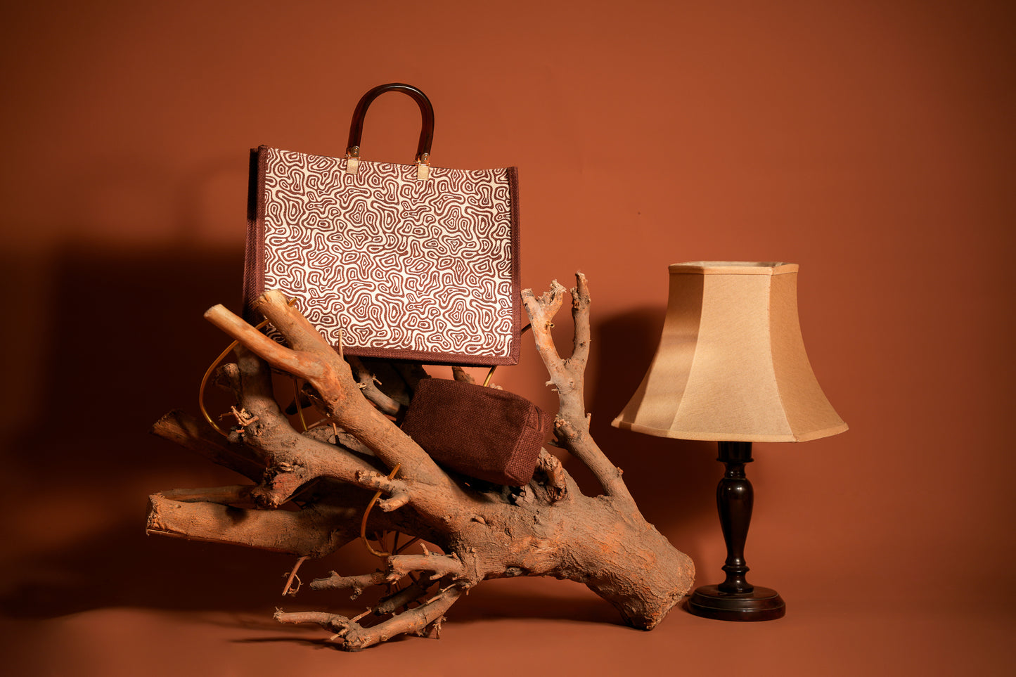 Abstract Brown Wave Screen Printed Jute Tote Bag (J-0065)