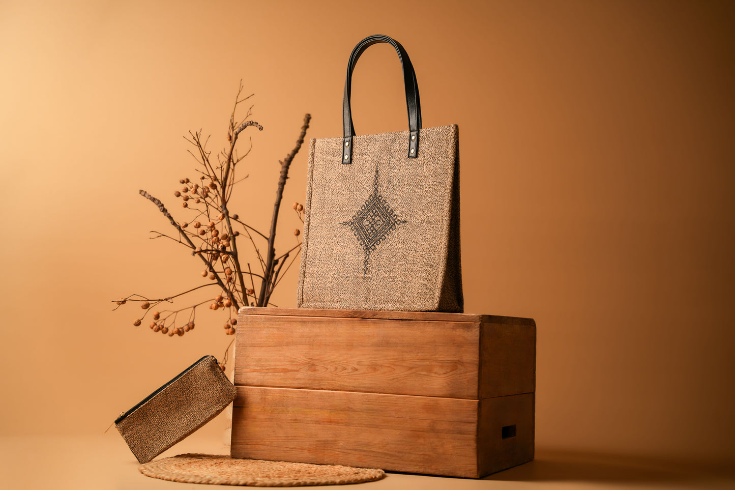 Geometric Diamond Motif Embroidered Jute Tote Bag (J-0045)