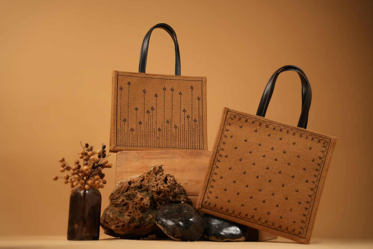 Abstract Meadow Embroidered Jute Tote Bag (J-0038)