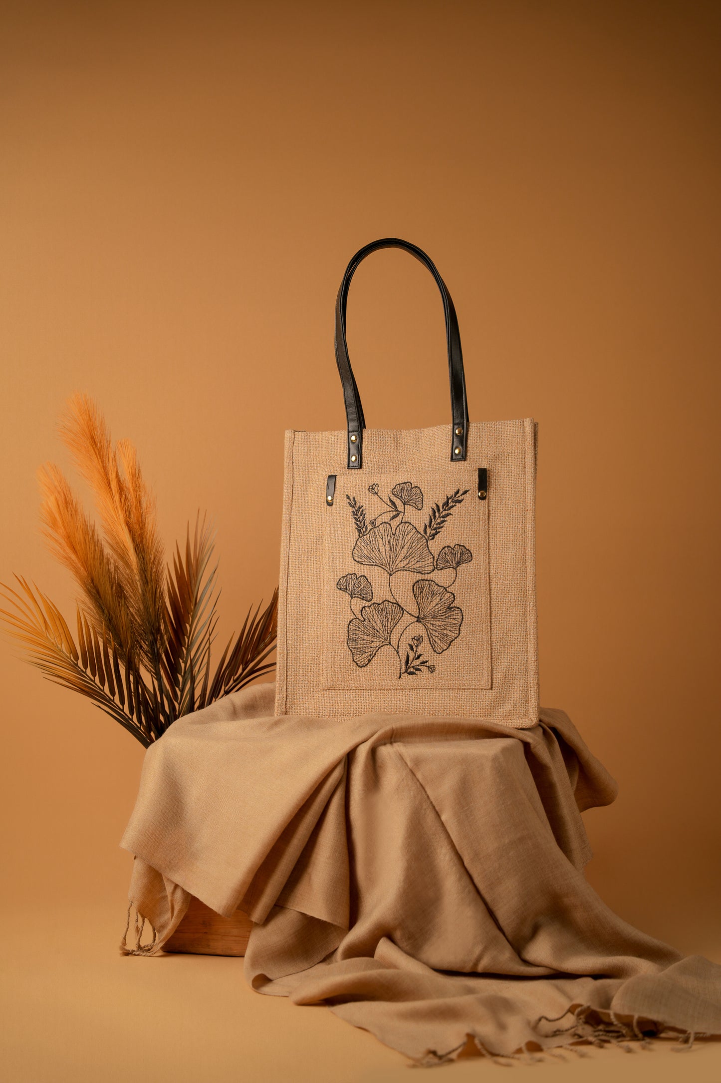 Black Ginkgo Botanical Embroidered Jute Tote Bag (J-0020)