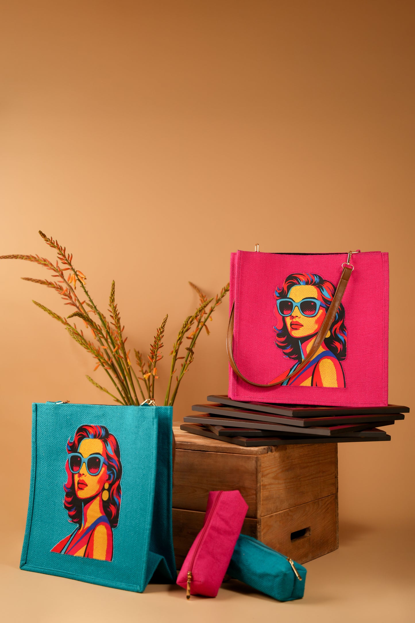 Vibrant Pink Retro Portrait Pop Art Jute Shoulder Bag (J-0023)
