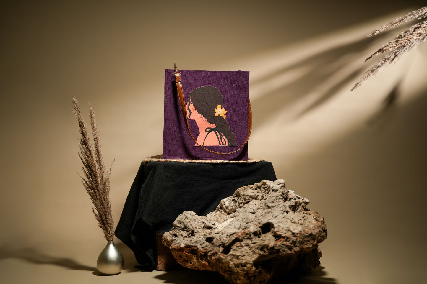 Deep Purple Tropical Portrait Pop Art Jute Shoulder Bag (J-0032)