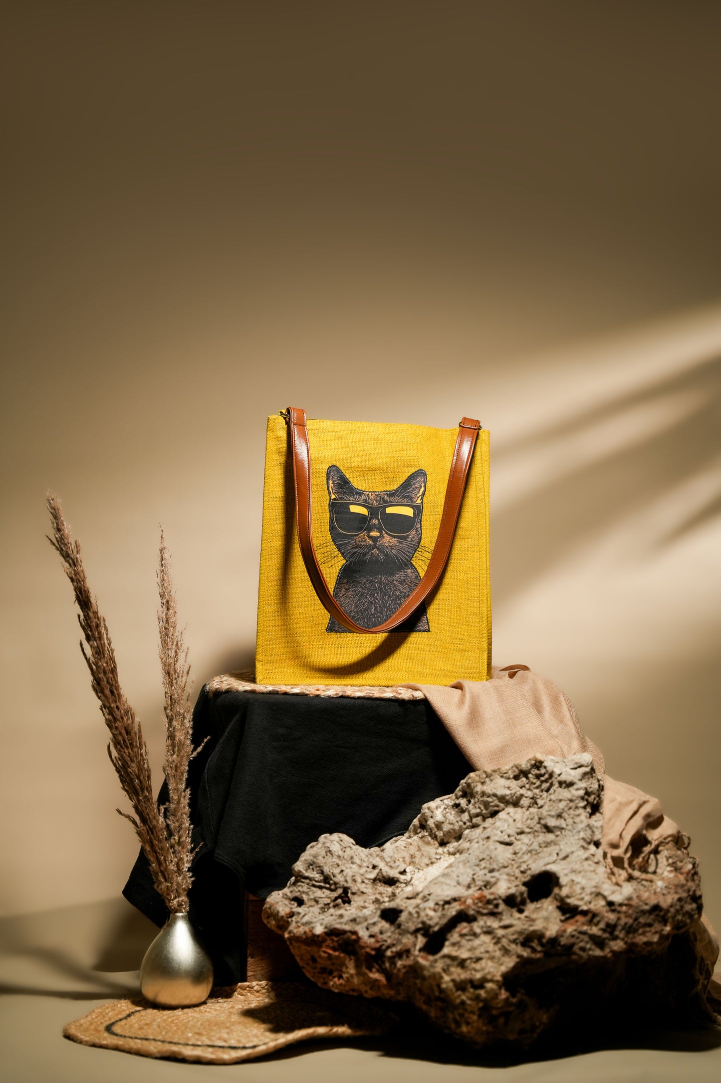 Mustard Yellow Cool Cat Pop Art Jute Shoulder Bag (J-0037)