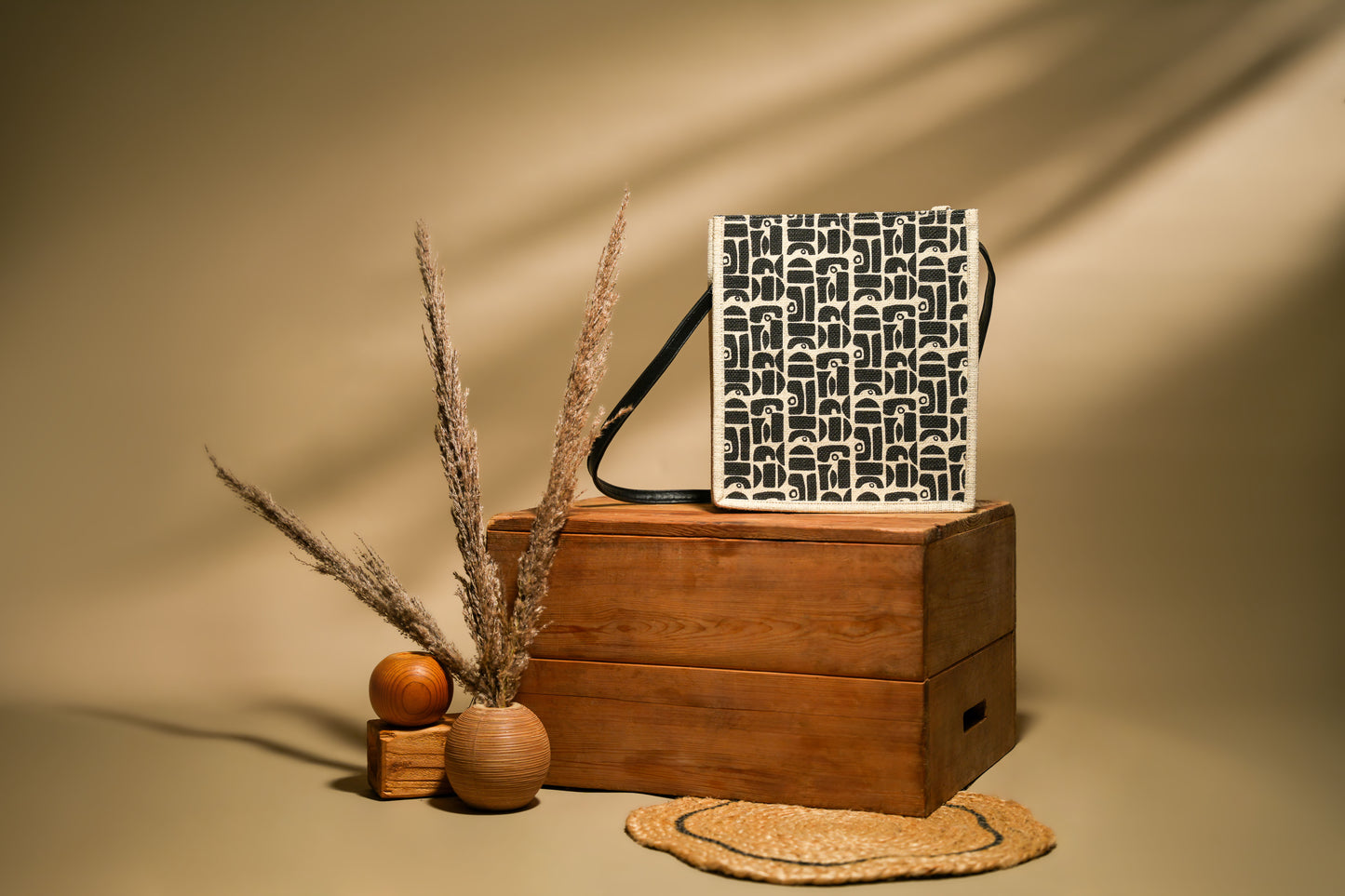 Monochrome Geometric Motif Screen Printed Jute Tote Bag (J-0055)