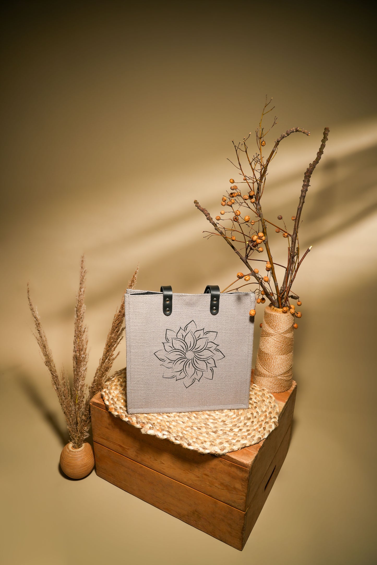 Light Grey Minimalist Floral Screen Printed Jute Tote Bag (J-0054)