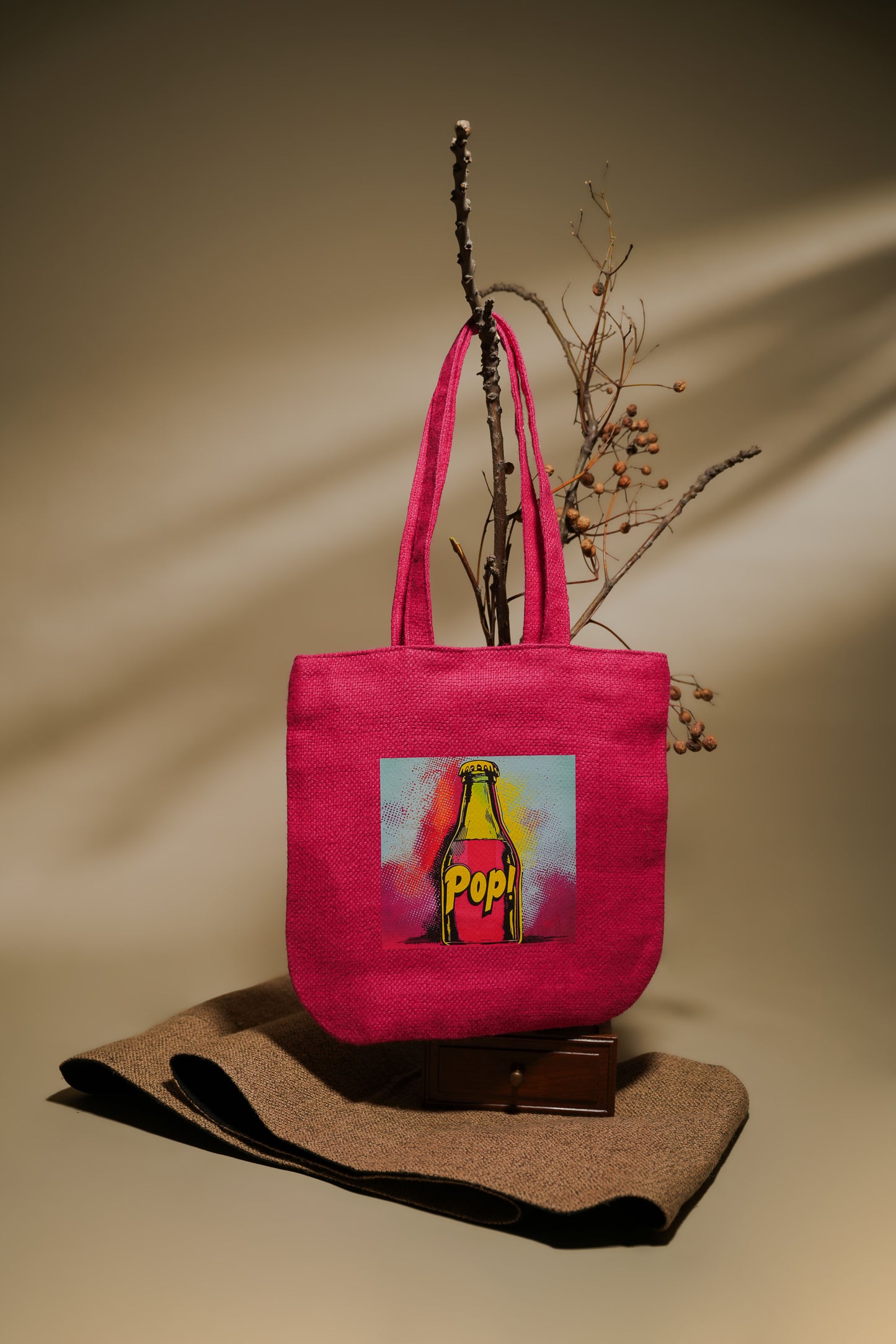 Vibrant Pink Retro DTF Pop Soda Jute Tote Bag (J-0039)