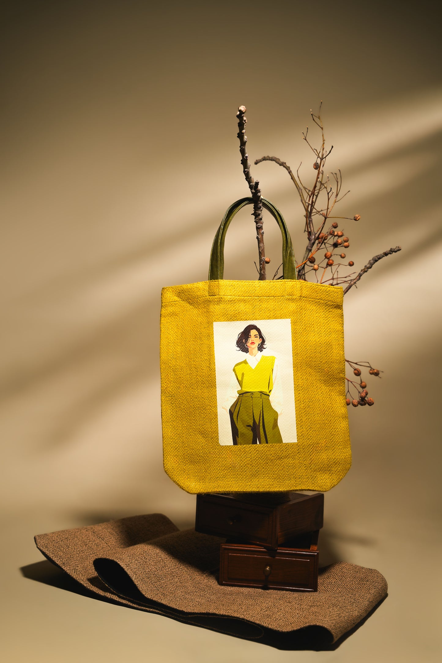 Mustard Yellow Minimalist Fashion DTF Pop Art Jute Tote Bag (J-0040)